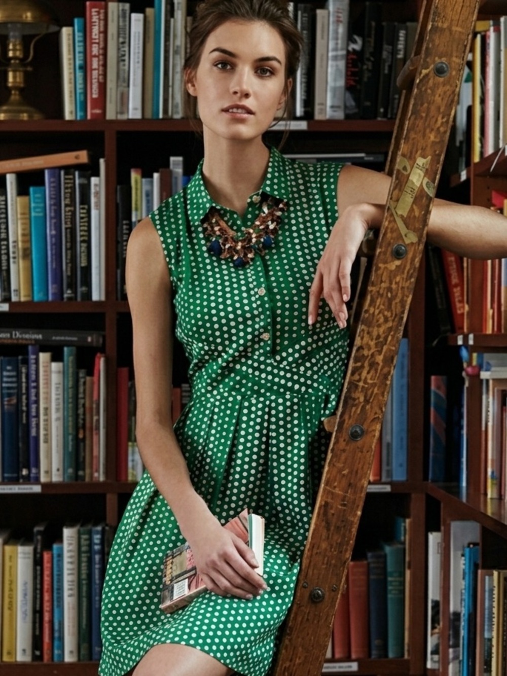 SOLD-Anthropologie 11·1·TYLHO Brynn Shirt Dress With Pockets Green Polka Dot L - Picture 11 of 11